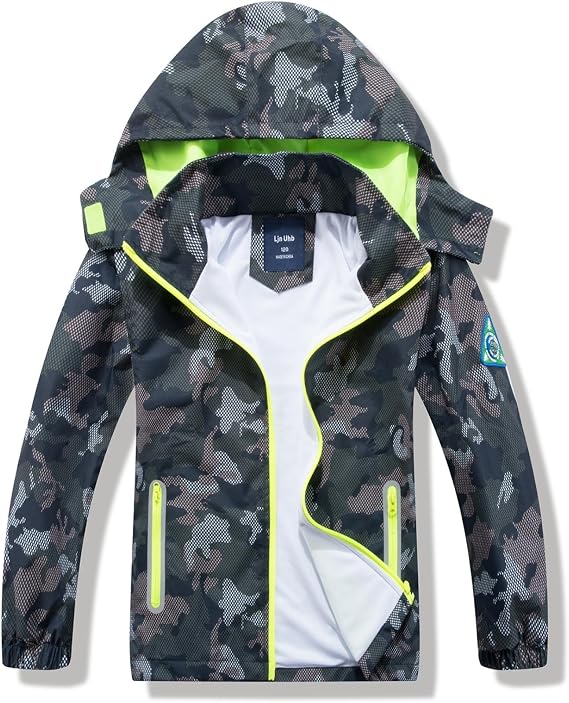 Boys Rain Jacket with Detachable Hood Lightweight Raincoats for Kids