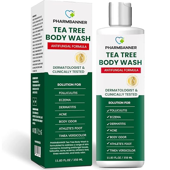 PHARMBANNER Tea Tree Antifungal Body Wash Soothes Folliculitis, Acne, Jock Itch, Athletes Foot, Ringworm, Tinea Versicolor, Body Odor, Eczema & Dermatitis-Prone Skin