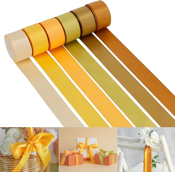 HUIHUANG Gold Satin Ribbon Assorted 1 inch 6 Colors X 5 Yards Each