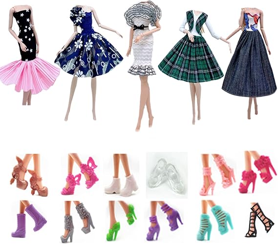Fashion Doll Clothes Dress and Accessories 5 Sets Doll Dress Outfits + 12 Pairs Random Style Shoes for 11.5" Girl Dolls
