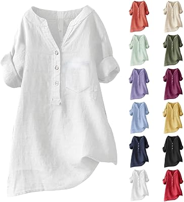 Boho Linen Shirts for Women 2025 Gauze Short Sleeve V Neck Button Loose Fit Blouses Vacation Dress Casual Tunic Tops