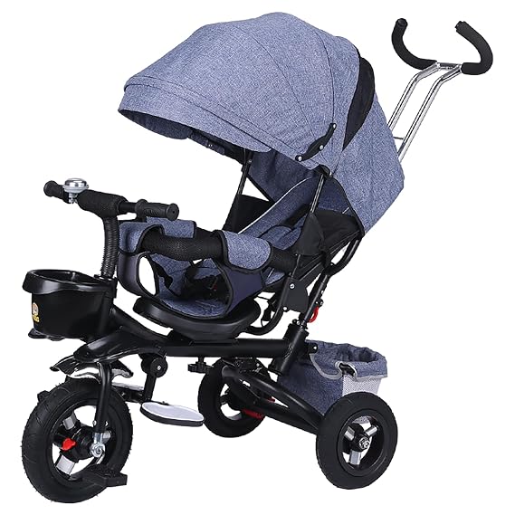 Gray,Style 2,JIYIAN 4-In-1 Foldable Baby Tricycle Stroller with Adjustable Sunshade & Reclining Seat - 3 Wheel Push Bike for Toddlers,Multi-Purpose Learning Bike with Shock Absorption, Removable Handr