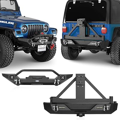 Hooke Road Wrangler TJ Rear Bumper with Tire Carrier  Front Bumpers Combo Compatible with Jeep Wrangler TJ 1997-2006