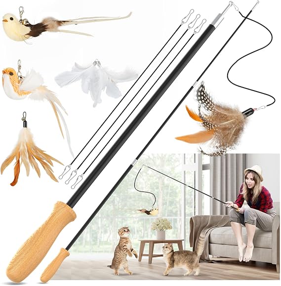 ROSAUI Cat Teaser Wand Toys, Interactive Bird Toys for Indoor Kittens, 42.15 Long Cat Fishing Pole Toys, 2Pcs Wires and 5Pcs Natural Refills, Sustainable Wooden Handles, Exercising, Playing