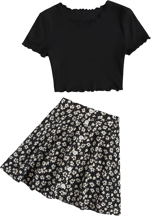 SHENHE Girl's Floral Skirt Outfits Two Piece Crop Top T Shirt and Skirt Set