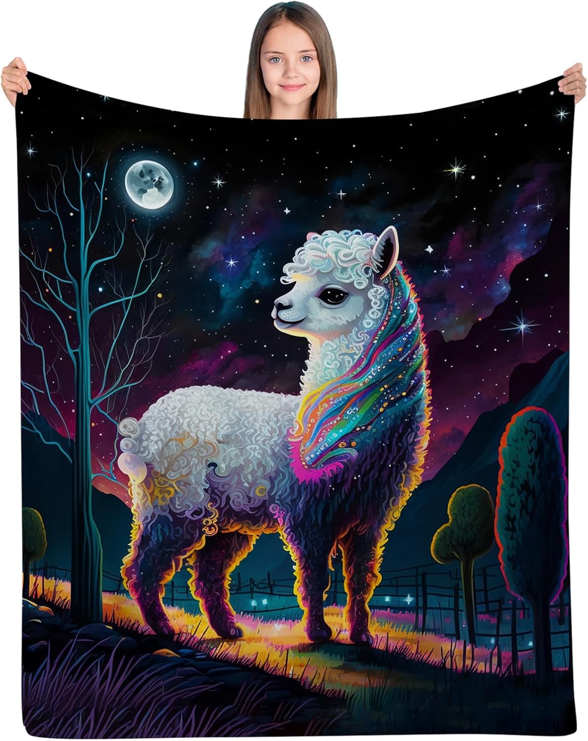 Llama Blanket, Llama Gifts for Girls, Cute Llama Colorful Boho Print in Galaxy Starry Sparkle Stars Blanket, Magic Space Universe Moon Night Plush Throw Blanket for Kids Teens,50x40"