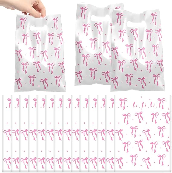 YYMYMGJ 50 PCS Pink Bow Party Gift Bags Coquette Bow Party Favors Bags Waterproof Plastic Goodie Bags for Pink Coquette Bow Birthday Decorations Supplies