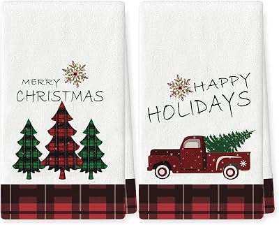 Set of 2 Christmas Kitchen Towels Xmas Trees Snowman Buffalo Plaid Christmas Decorations Dish Towels Holiday Hand Towels 18x26 Inch Winter Dish Cloths