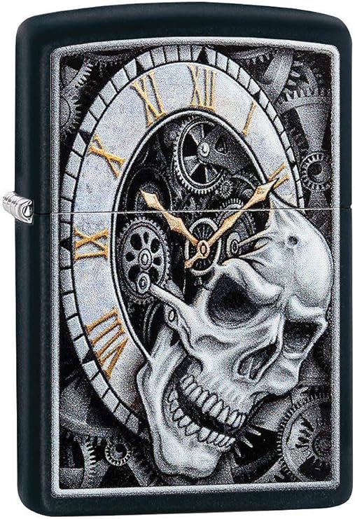 Zippo Skull Clock Design Black Matte Pocket Lighter, One Size (29854) | Ideal gift for birthdays, Father's Day, Christmas, Valentine's Day, Weddings, Graduations, Groom Usher Office Events