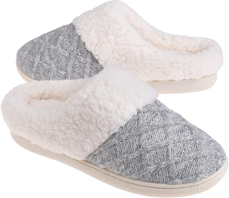 Women's Knit House Slippers Memory Foam Fuzzy Slip on House Shoes | knit upper, faux fur lining, anti-slip sole, machine washable, indoor and outdoor, lightweight, warm, comfy