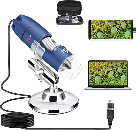 HD 2MP USB Microscope Camera for Android Windows Linux Mac, 40X to 1000X Digital With Stand & Carrying Case, Portable Coin for Adults Kids Students