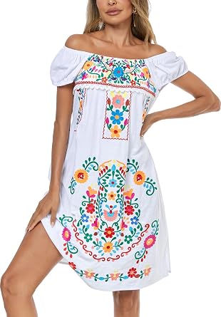 YZXDORWJ Women Mexican Embroidered Dress Casual Loose Bohemian Floral Dress Short Sleeve Long Maxi Summer Beach Swing Dress