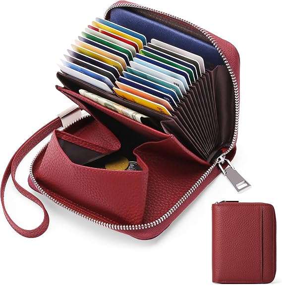 SENDEFN Women's Leather RFID Protection Credit Card Case Wallet with Zip Organ Style Wallet Women's Business Card Holder with Many Compartments