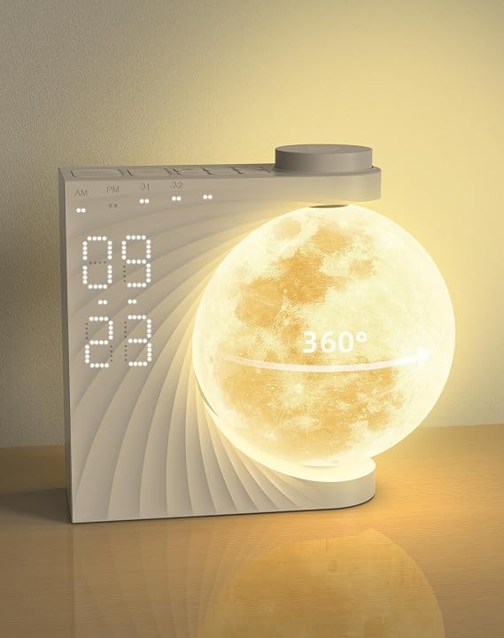 Sunrise Alarm Clock for Bedroom - Auto Rotating Moon Lamp with Wake Up Light & Night Light, 10 Natural Sounds, Dual Alarm for Heavy Sleepers, 30/60/90 Timer & Snooze