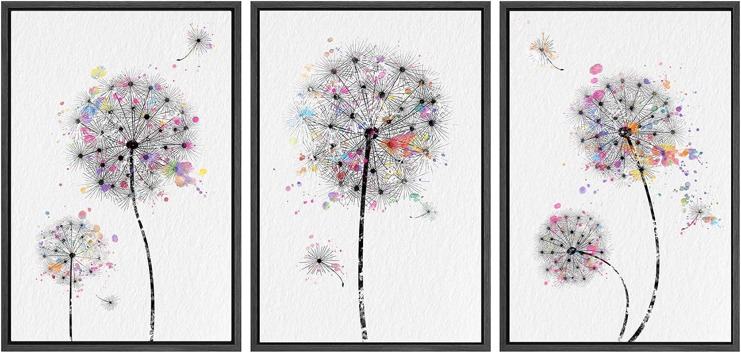 SIGNWIN Framed Canvas Print Wall Art Dandelions & Watercolor Dots Floral Wilderness Drawings Modern Art Rustic Closeup Multicolor Ultra for Living Room, Bedroom, Office - 24x36x3 Black