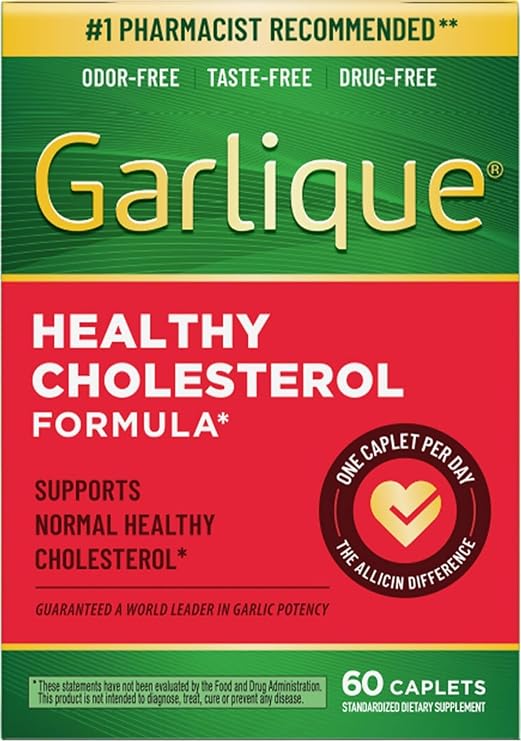 Garlique Garlic Extract Supplement, Healthy Cholesterol Formula, Odorless & Vegan, 60 Caplets