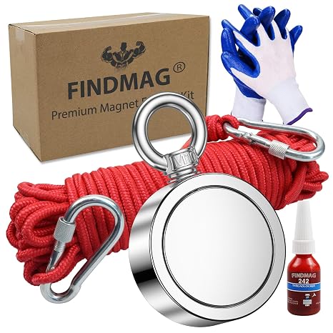 FINDMAG 1000 LBS Fishing Magnet Kit, Double Sided Stong Magnet Fishing with Rope, Magnetic Fishing Tool for Retrieving Items in River, Lake, Beach, Lawn - 2.95inch Diameter