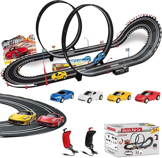Slot Car Race Track Sets, Electric Race Car Track with 4 High-Speed Slot Cars, 2 Electric Controller Circular Overpass Track, Gift for Kids Ages 6 7 8-12