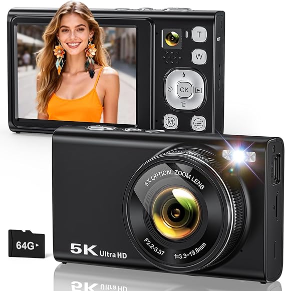 5K Digital Camera for Photography 96MP Dual Cameras with 6X Optical Zoom | Autofocus Vlogging Camera for YouTube Video, Compact Point and Shoot Travel Cameras for Beginners with 64GB Card & Flash