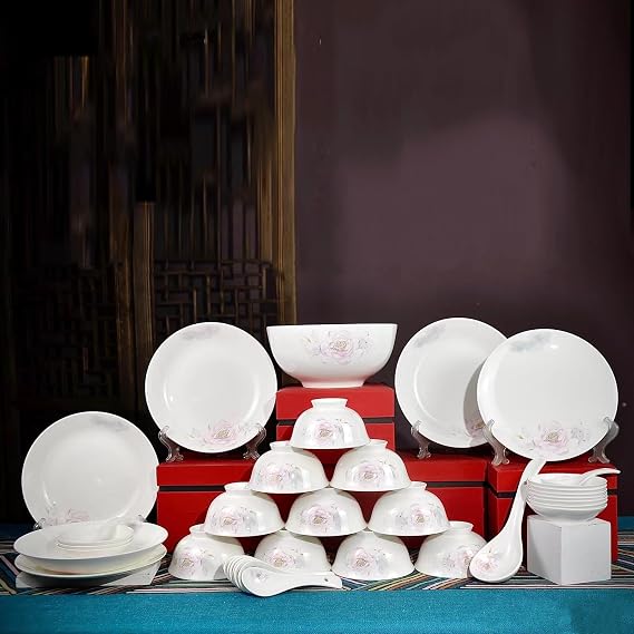 38 PCS Fine Bone China Dinnerware Set, Tableware,10* Rice Bowls 10* Small Spoons 6*Plates 1*Soup Bowl 1*Large Spoon 10*Sauce Dish, Kitchen Porcelain Combination Dinnerware Set
