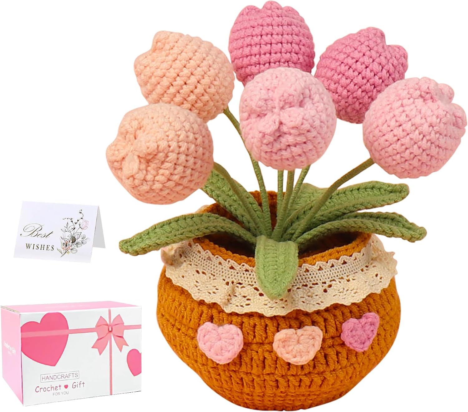 Crochet Flowers-Crochet Flower Bouquet Crochet Sunflower Crochet Plants and Gift Box Unique Hand Crafted Gift for Home and Office Desk Decor Perfect for Teachers Moms and Friends Pink