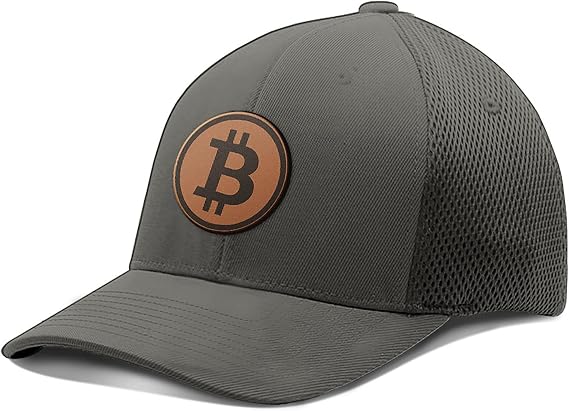 BustedTees Bitcoin Logo Leather Patch Hat Fitted Hats Crypto Baseball Cap Ultrafibre Breathable Mesh Side for Casual Wear