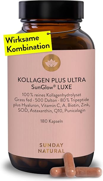 SUNDAY NATURAL® Collagen Capsules Plus Ultra SunGlow® Luxe - 180 Capsules - Premium Collagen Powder with Vitamin C Astaxanthin Q10 & Hyaluronic - Made from Collagen Type 1 & 3 - Laboratory Tested