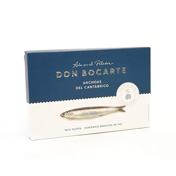 Don Bocarte Cantabrian Anchovies in Extra Virgin Olive Oil 100g Tin (10/12 Fillets) Hand-Packed Santona Spanish Anchovies