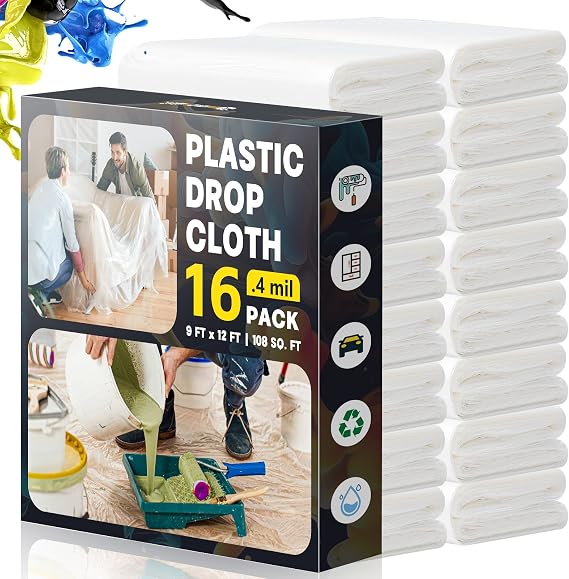 Plastic Drop Cloths for Painting, 9x12 Ft Plastic Sheeting, 0.4Mil, 16-Pack