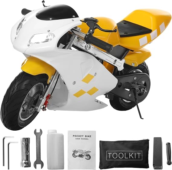 Kids Motorcycle,Mini Pocket Rocket Bike Youth Off Road 50cc 2-Stroke Kid Dirt Bikes with Disc Brakes Children Pocket Motorbike Gifts for Kids 8-14 Boys Girls 25MPH 170lbs Black White
