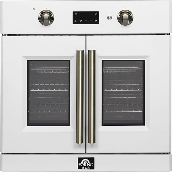 Forno Asti 30-Inch French Door Electric Wall Oven in White & Antique Brass, 3.68 cu. ft. True Convection, 3,600W, Air Fry, Sous Vide, Self-Clean