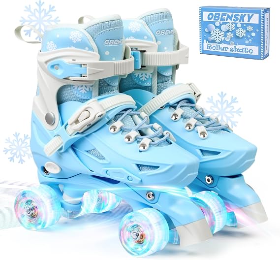 Kids Roller Skates for Girls Boys Ages 4-6 5-8 6-12 8-12, 4 Adjustable Sizes Skates Shoes with All Light up Wheels, Patines para Ninas, Birthday Gift for Indoor Outdoor, Pink & Blue