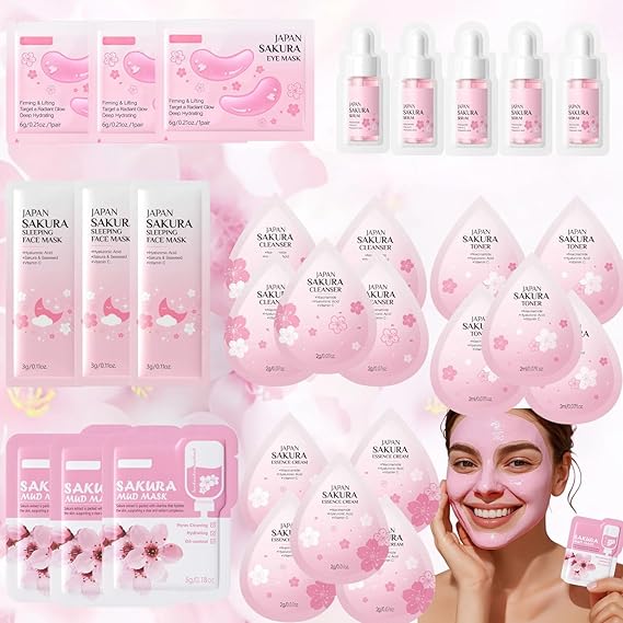Sakura Skincare Set,29PCS Teenager Gifts Girls - Skincare Gift Set,Pamper Sets for Women Gifts,Complete Routine with Cleanser, Toner, Serum, Cream & Masks,Pamper Set
