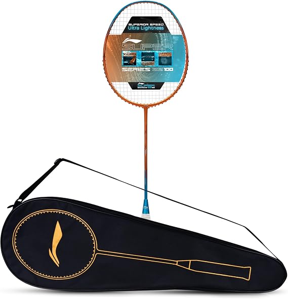 Li-Ning Super Series SS100 Carbon Graphite Badminton Strung Racket with Full Racket Cover (Yellow/Blue)