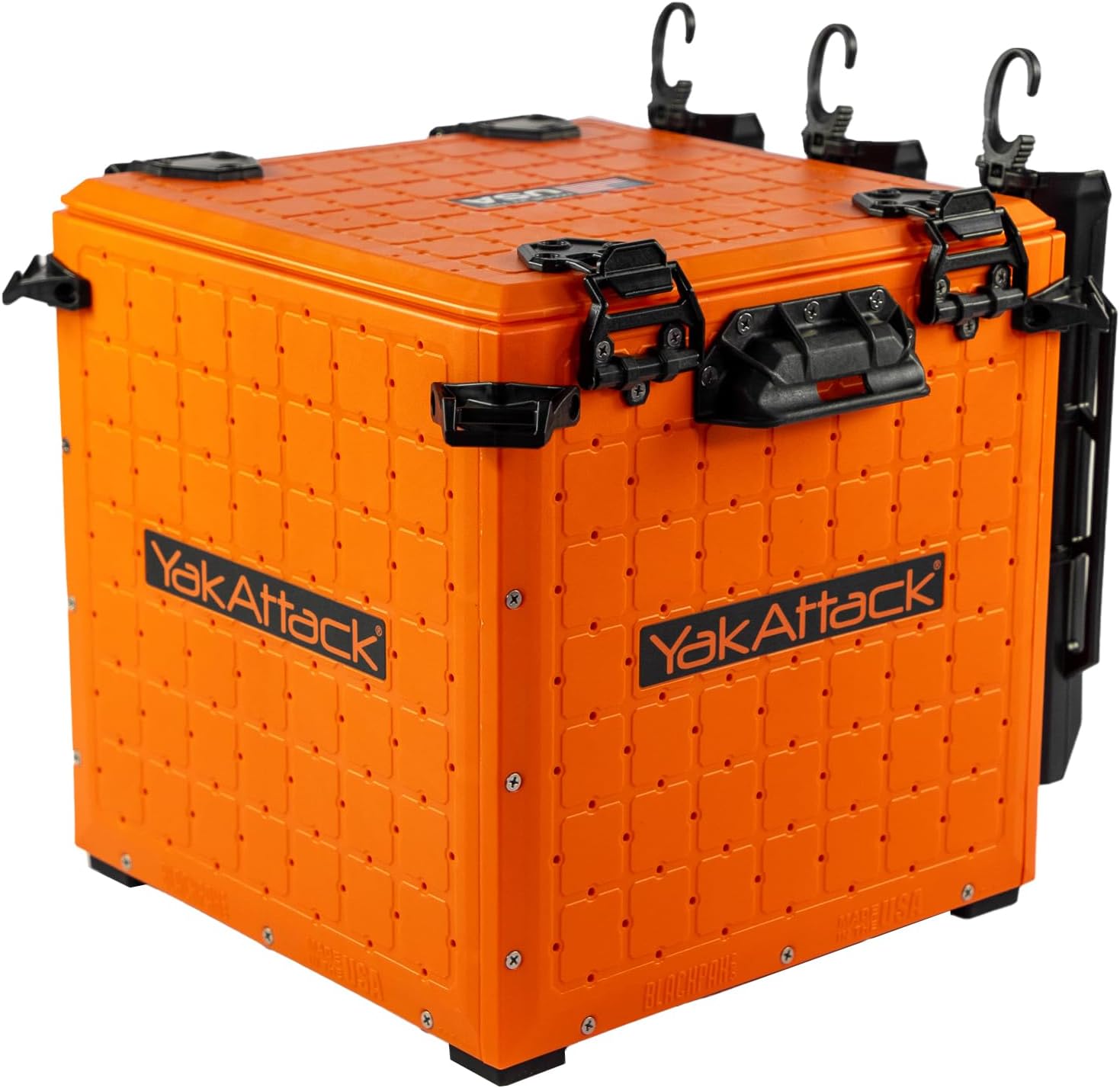 YakAttack BlackPak Pro 13 x 13 Fishing Crate with 3 Rod Holders Orange Compact Tackle Storage Box Kayak Gear Organizer Lightweight Durable Customizable Marine Accessories Made in USA