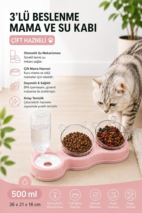 Çift Hazneli- 3' lü Beslenme Mama ve Su Kabı Pembe 1000 ml 36 * 21 * 16 cm