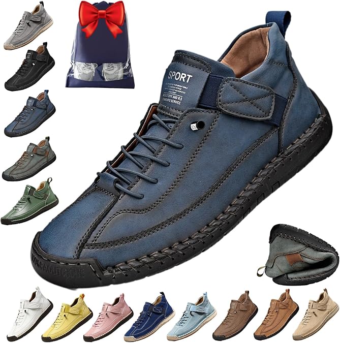 Comfortable Orthopedic Sneakers, Unisex Handmade Leather Comfy Shoes, Slip on Soft Comfort Orthopedic Support Boots (Blue,10 Women/8.5 Men)
