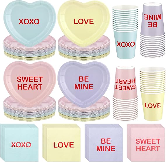 Maxcheck 196 Pcs Conversation Heart Party Supplies Valentine's Day Party Tableware Decorations Heart Disposable Paper Plates Napkins Cups for Valentine Anniversary Birthday Wedding, Serves 48(Pastel)