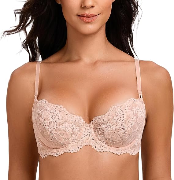 MELENECA Women's Sexy Lace Push Up Plus Size Sheer Balconette Underwire Unlined Bra