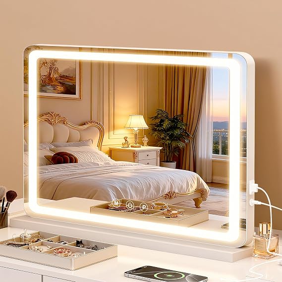 Vanity Mirror with Lights, LED Makeup Mirror with 3-Color Dimmable Lighting, Smart Touch Control, Memory Function, Tabletop Lighted Mirror for Bedroom, Dressing Room