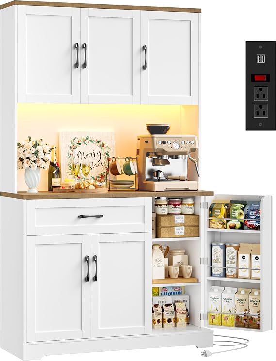 HIFIT 71 LED Pantry Cabinet with Power Outlet, Tall Kitchen Hutch Storage Cabinet with Microwave Stand & 6 Door Shelves, Modern Food Pantry Cabinets with Drawer for Kitchen Dining Living Room, White