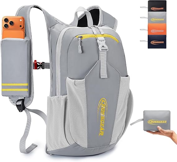 16L Small Hiking Backpack, CROSSGEAR Lightweight Waterproof Foldable Backpack, Travel Camping Outdoor Daypack for Women Men, Gray