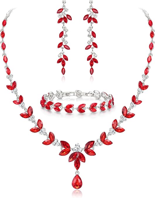 EVER FAITH Marquise Crystal Leaf Bridal Prom Jewelry Set for Women Bride | Rhinestone Wedding Party Necklace Dangle Earrings Tennis Bracelet, for Bridesmaid