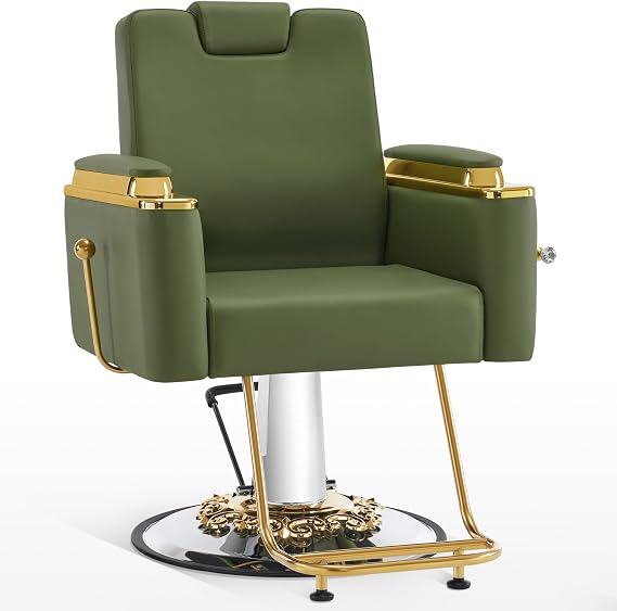 BarberPub Luxurious Barber Chair for Hair Stylist, Barbershop 8623(Green) | Heavy-duty Hydraulic Pump, Adjustable Reclining Salon Chair for Hair Stylist, Gold&Black Hair Styling