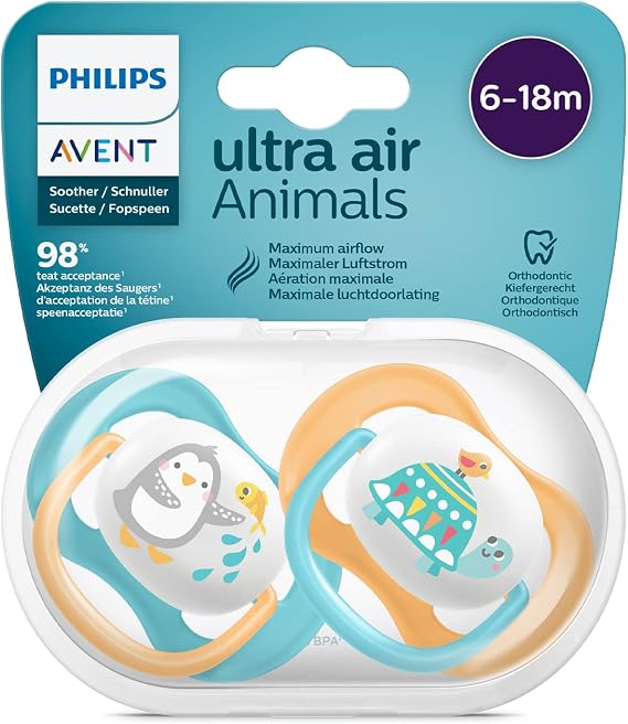 Philips Avent Ultra Air Pacifier, 6-18 Months for Male Babies, 2’ Pack, Orthodontic Silicone, Wide Air Hole, Microwave Sterilizable, BPA Free, Carrying Box, SCF080/07
