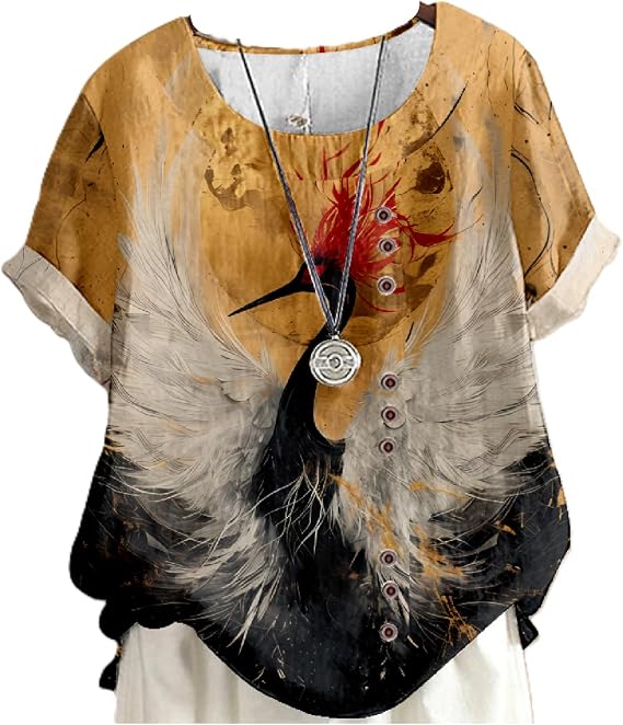 domirica Cotton Linen Tops for Women Flower Print Casual Summer Short Sleeve Shirts Retro Flowy Fit and Flare Blouses