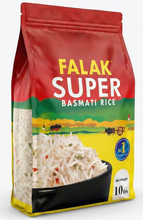 Falak Super Basmati Rice 10lb - Extra Long Basmati Rice - Resealable Bag - Naturally Aromatic, Aged, Flavorful, Slender, Non Sticky Grains