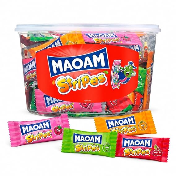 Haribo Maoam Stripes I Pack of 100 Fruit and Cola flavored Chewy Candy Strips | Tub 700g 24 ounce