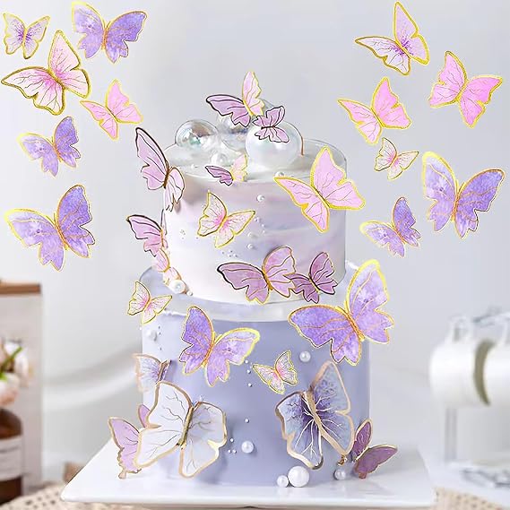 60PCS Pink Purple Gold Butterfly Cake Toppers, 3D Cupcake Toppers Happy Birthday Metal Gold Topper for Girls Women's Party Decorations Women Party Wall Food Decorations,Mixed Size