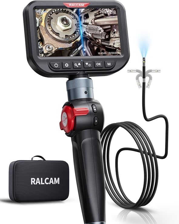 Ralcam Dual Lens Articulating Borescope, 6.5mm Slim Probe, 5" Endoscope Camera with Light, 5FT Semi-Rigid Cable, Two-Way Articulated Inspection Camera for Automotive Wall Pipe